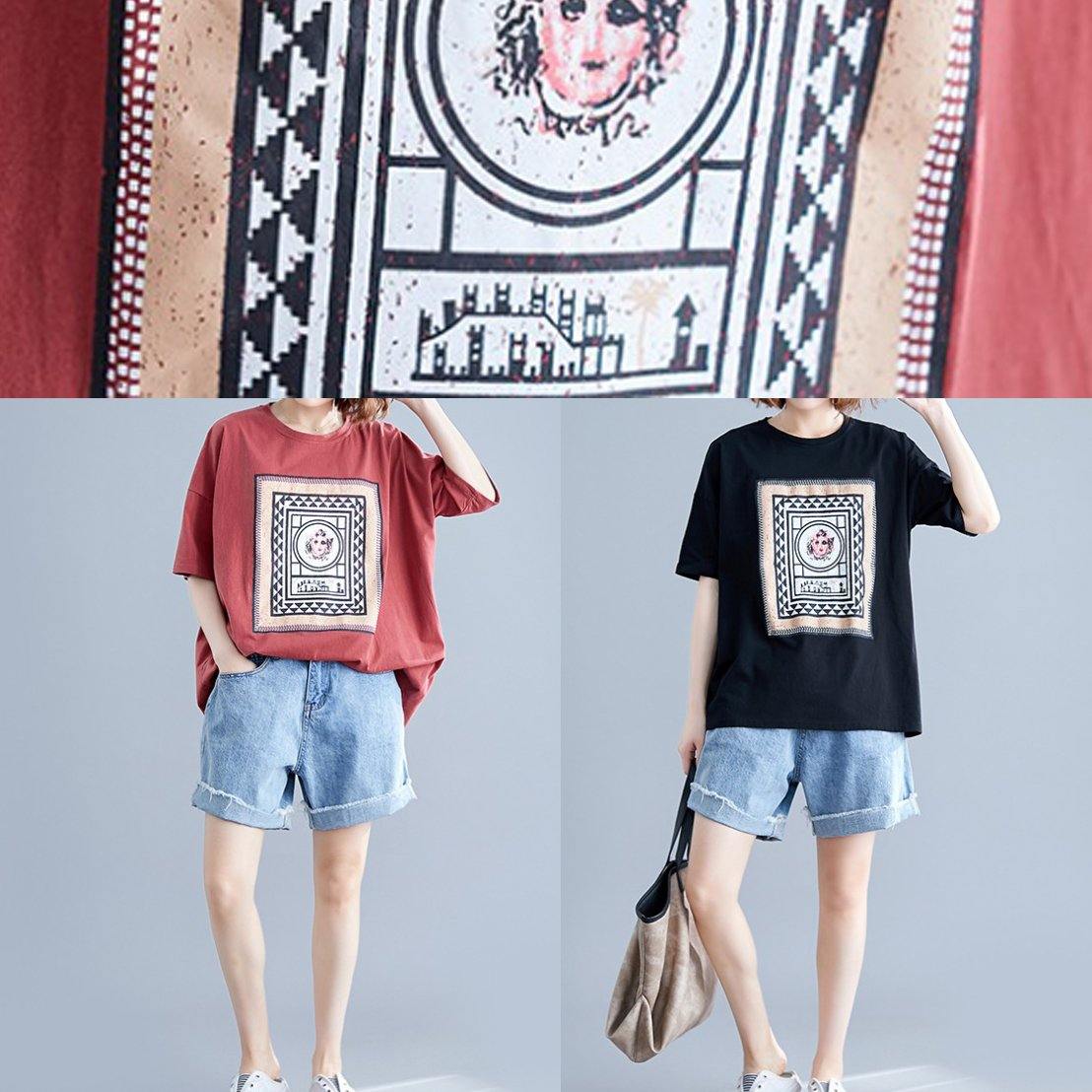 Italian Red Geometric Cotton Linen Blouses O Neck Daily Shirts