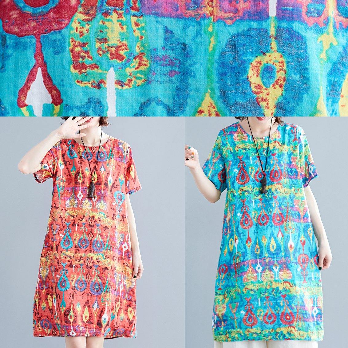Italian Red Prints Linen Clothes for Short Sleeve Daily Summer Dress