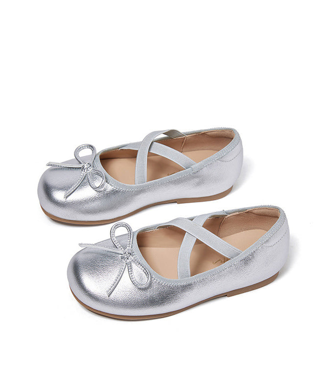 Kids Silver Bow Cross Strap Princess Flat Shoes