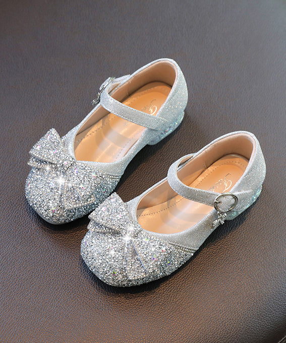 Kids Silver Buckle Strap Bow Zircon Flat Shoes Faux Leather