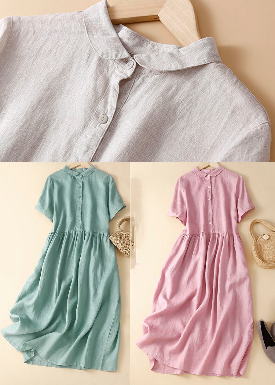 Linen Colour Linen Dresses Wrinkled Button Short Sleeve