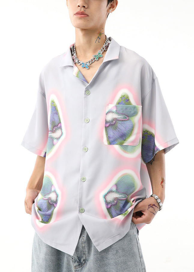 Loose Beige Print Button Cotton Shirts Summer