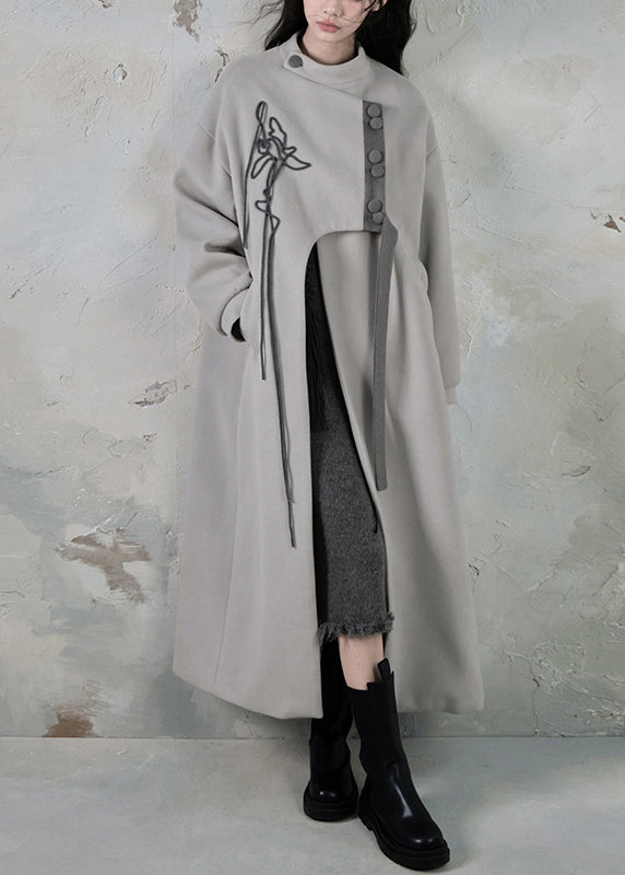 Loose Black Asymmetrical Button Pockets Long Coats Spring