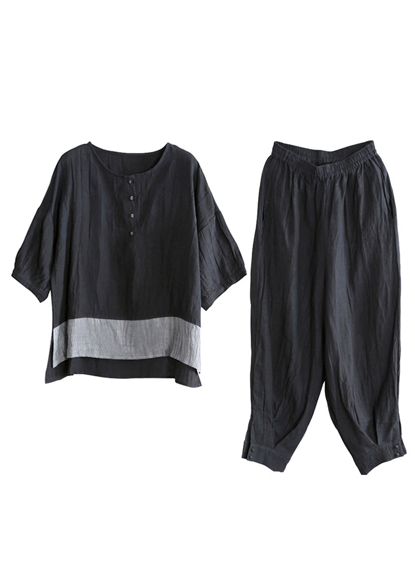 Loose Black O-neck Side Open Linen Top and Wide Leg Pants Two Pieces Set Long Sleeve