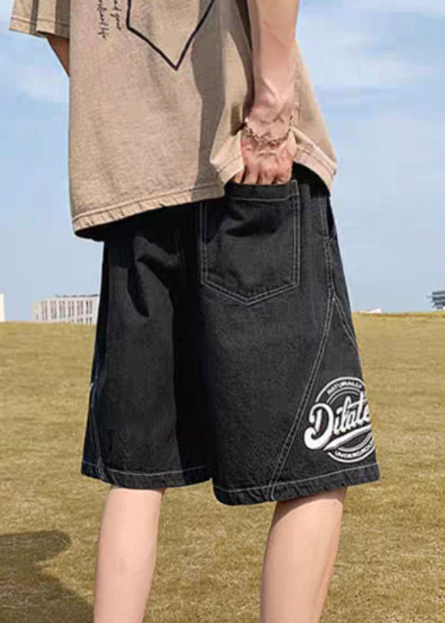 Loose Black Print Elastic Waist Denim Shorts Summer