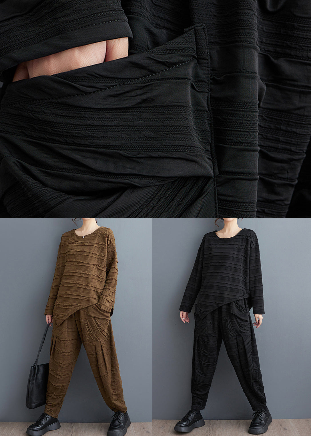 Loose Black Wrinkled Patchwork Tops and Harem Pants Cotton Two Pieces Set Fall