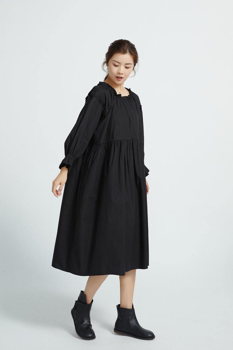 Loose Black Cotton Tunics High Waist Loose Dress