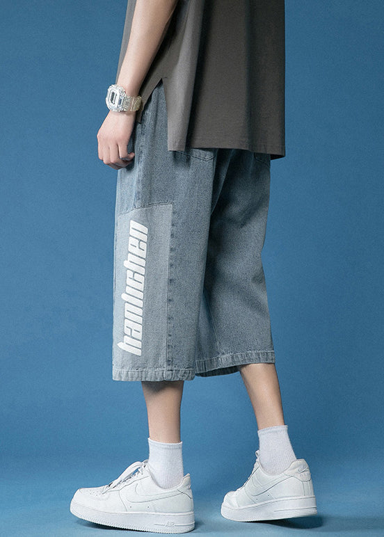 Loose Blue Letter Patchwork Denim Crop Pants Summer