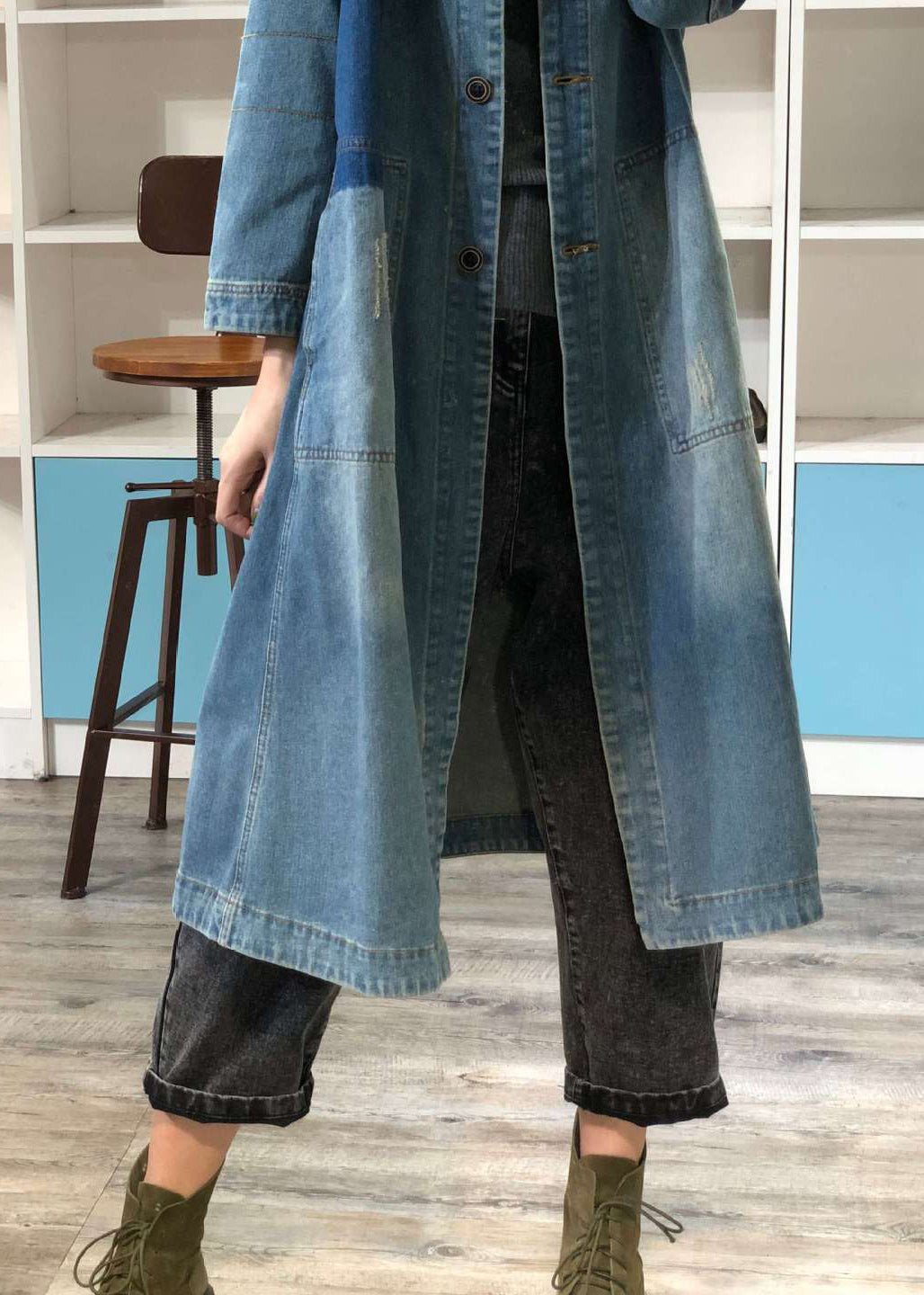 Loose Blue O-neck Button Patchwork Denim Coat Outwear Spring