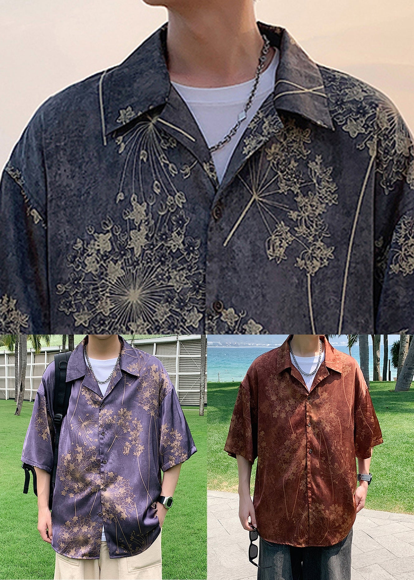 Loose Brick Red Peter Pan Collar Print Cotton Shirt Summer