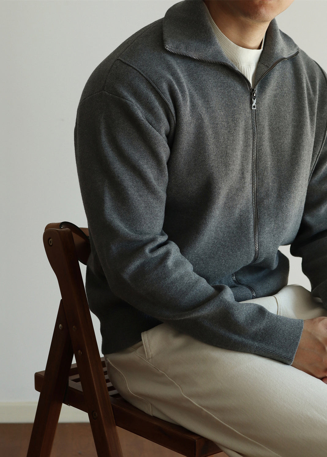 Loose Grey Stand Collar Zip Up Knit Coat Fall