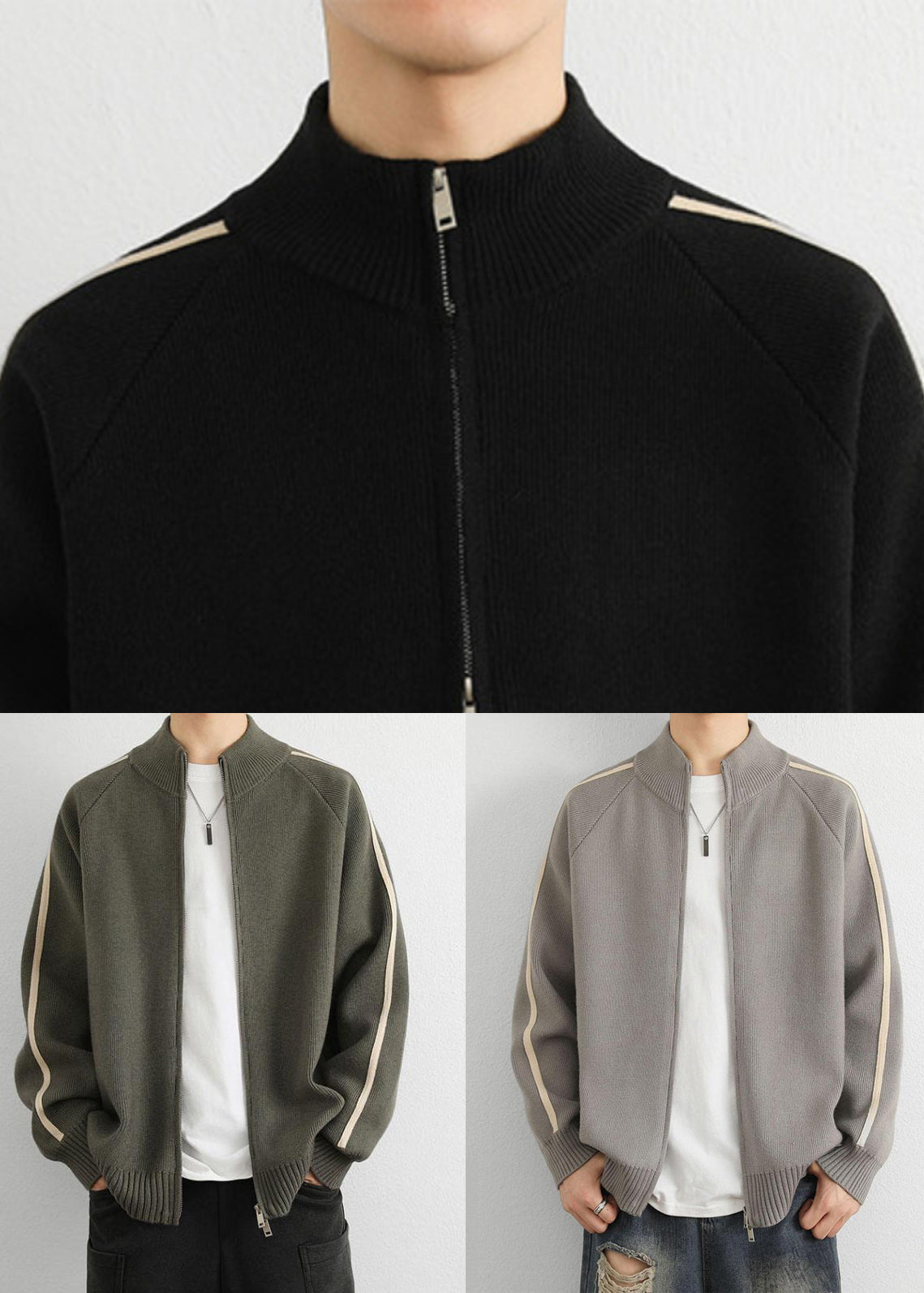 Loose Grey Stand Collar Zip Up Striped Knit Coat Spring