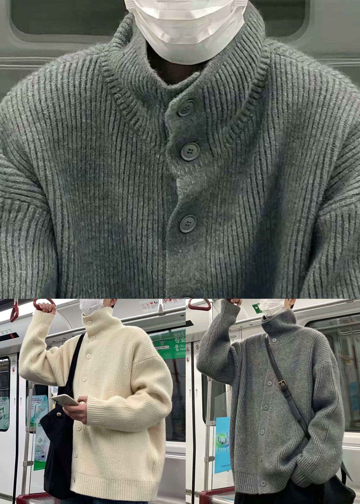 Loose Grey Turtleneck Button Knit Coats Winter