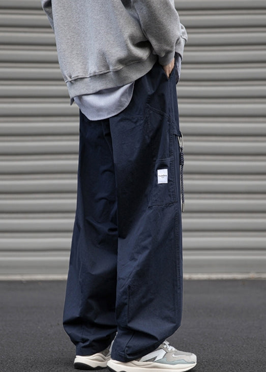 Loose Navy Pockets Drawstring Cotton Pants Spring