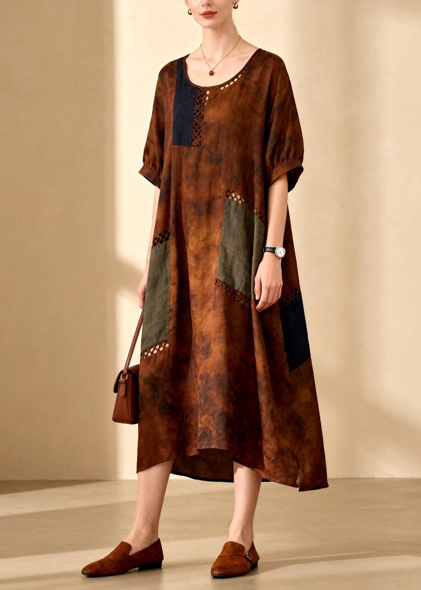 Loose O Neck Hollow Out Patchwork Cotton Dress Summer