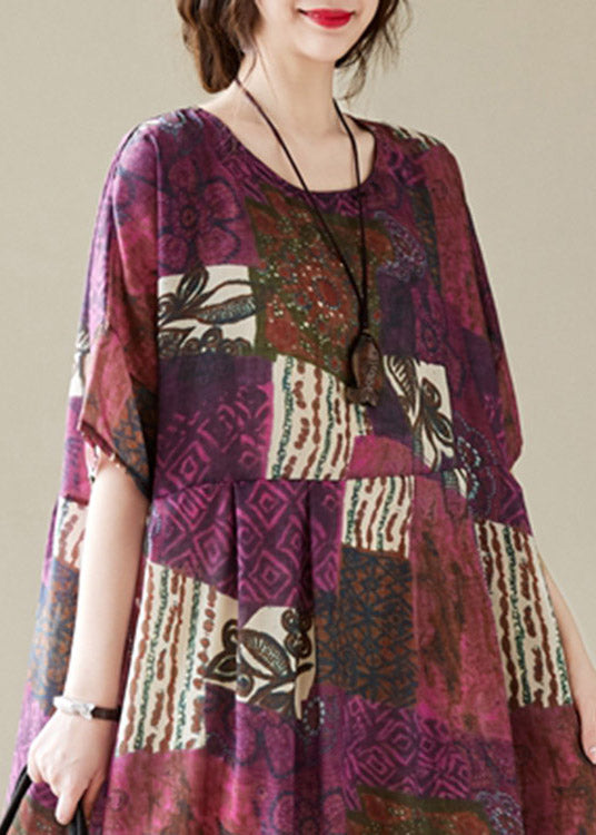 Loose O-neck Print Maxi Dresses Short Sleeve