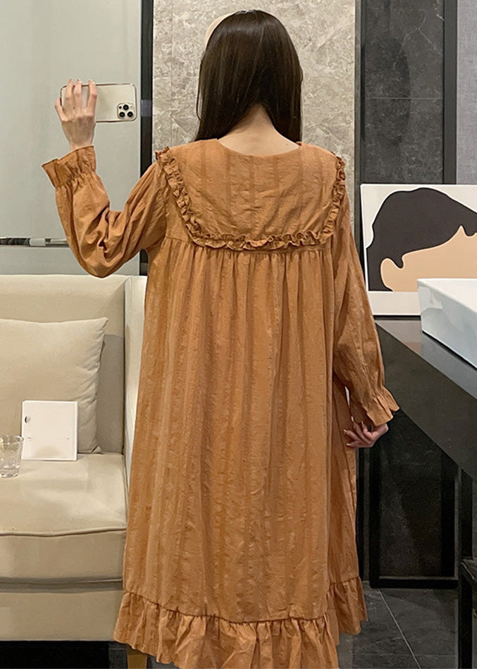 Loose Orange Sailor Collar Patchwork Wrinkled Cotton Maxi Dress Long Sleeve