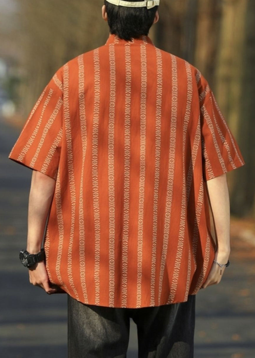 Loose Orange Striped Button Cotton Shirt Half Sleeve