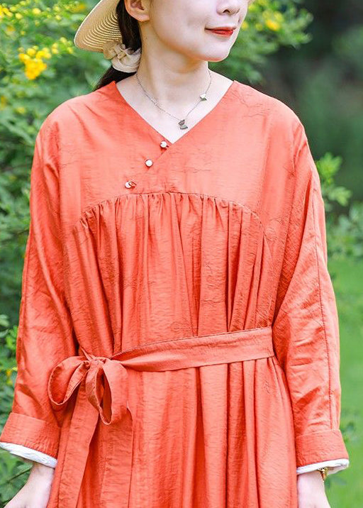 Loose Orange V Neck Cinched Tie Waist Long Dresses Long Sleeve