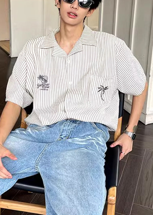 Loose Peter Pan Collar Striped Pockets Cotton Shirts Summer