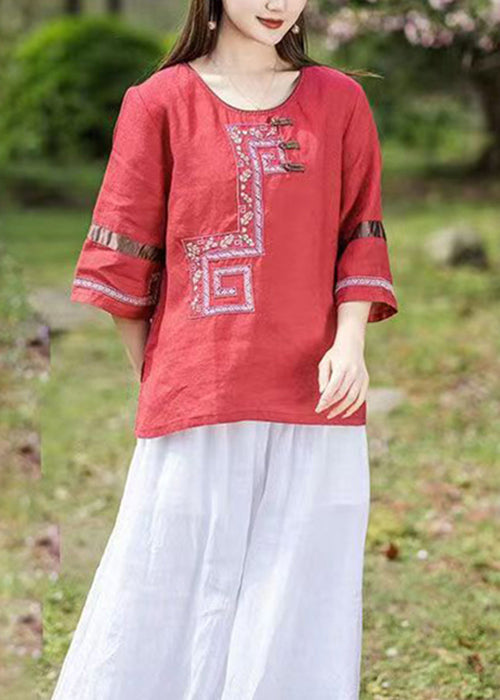 Loose Pink O-neck Embroideried Patchwork Linen T Shirts Bracelet Sleeve