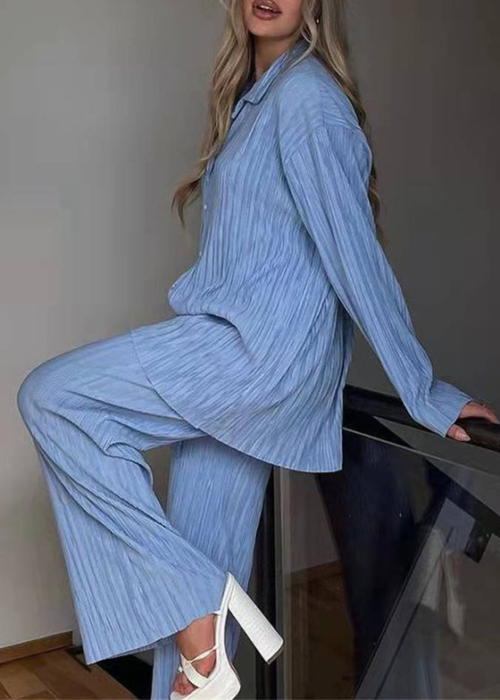Loose White Peter Pan Collar Wrinkled Shirt and Wide Leg Pants Two Pieces Set Spring