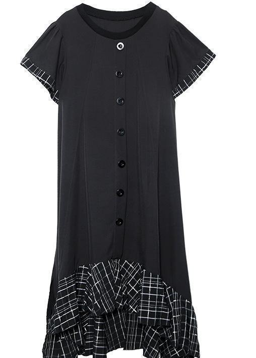 Loose Black Cotton Quilting Clothes Patchwork Plaid Hem Summer Dress