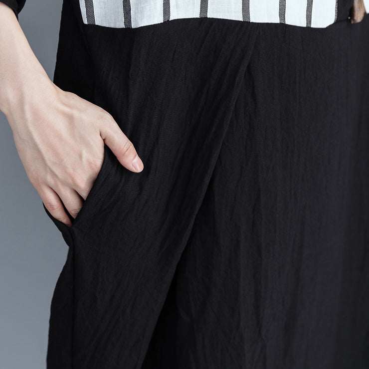 Loose Black Striped Cotton Clothes Outfits Patchwork Dress