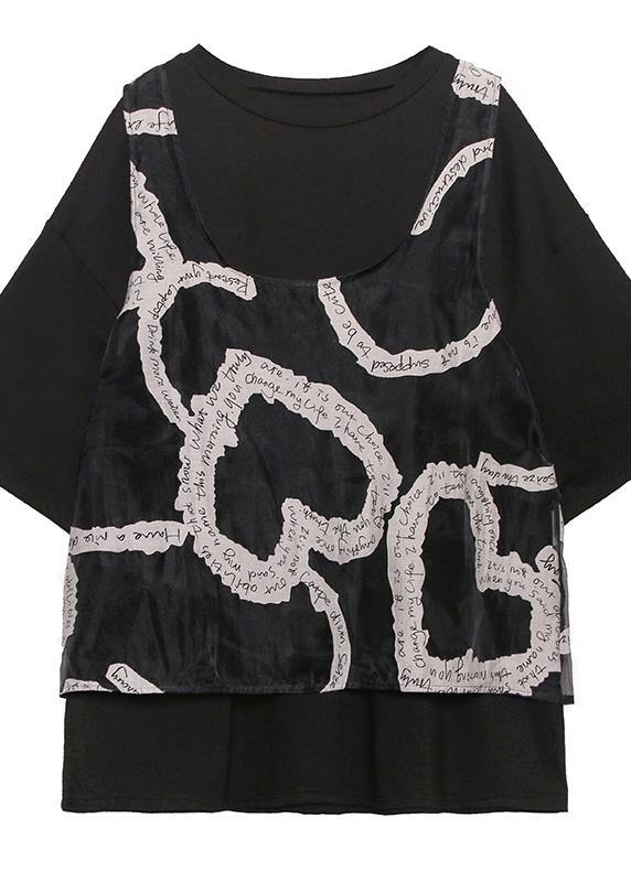 Loose Large Size Black Short Sleeve + Mesh Vest Two-piece Blouse