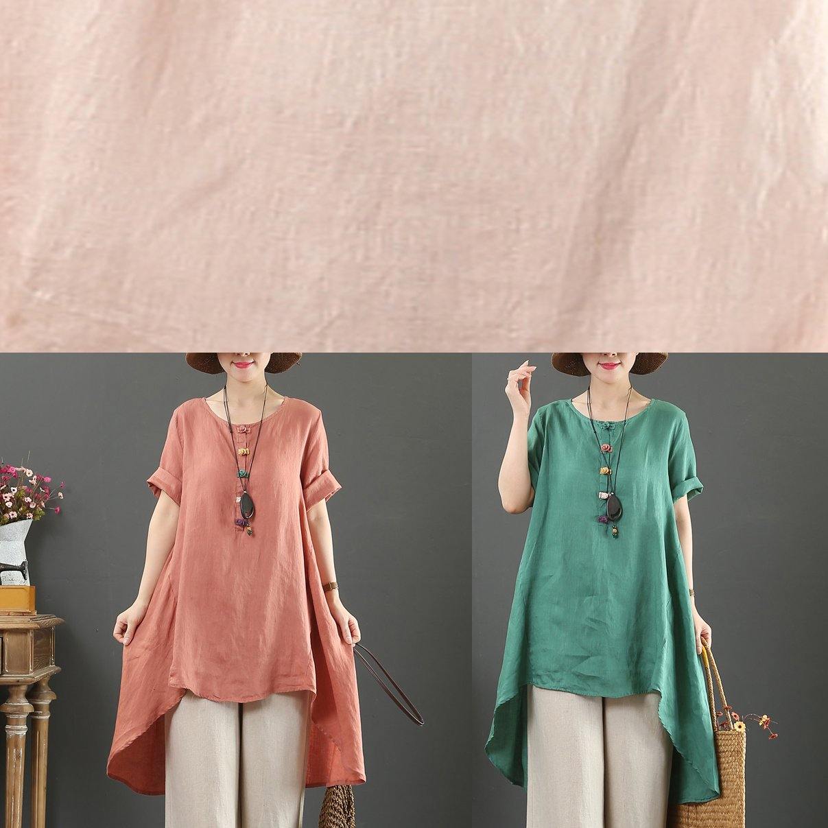 Loose O Neck Asymmetric Linen Summer Linen Tops Pattern Pink Shirts