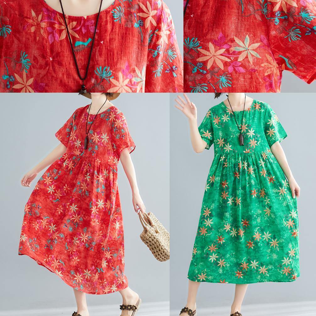 Loose O Neck Patchwork Cinched Cotton Dresses Outfits Green Print Traveling Dresses Summer
