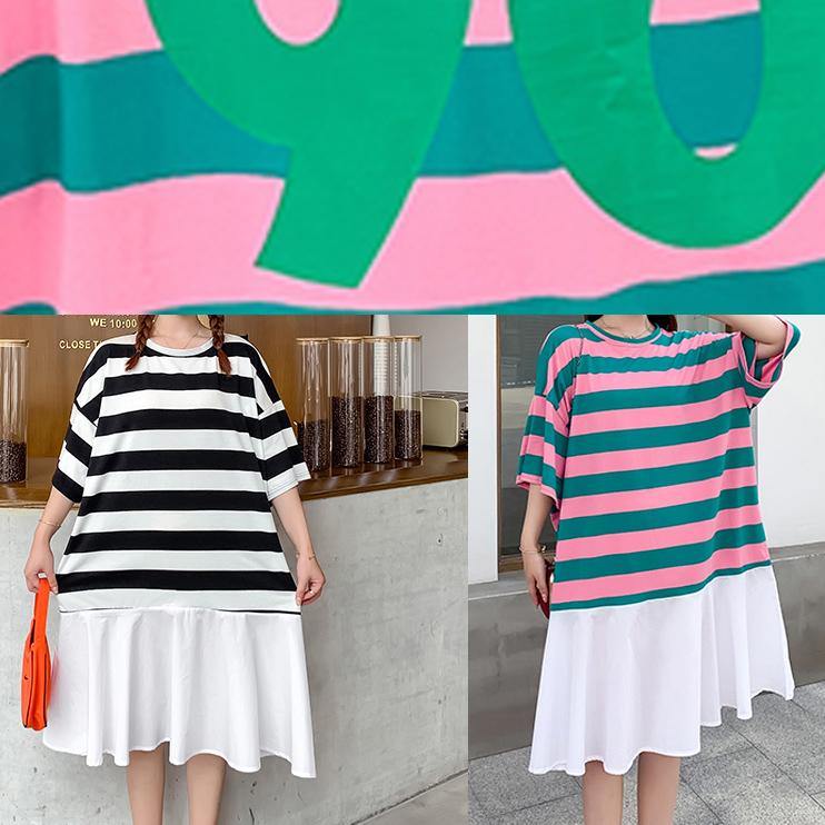 Loose Red Green Striped Dresses O Neck Ruffles Cotton Summer Dress