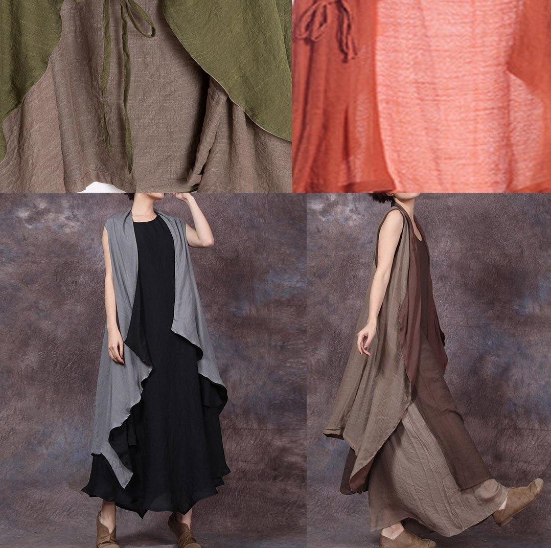 Loose Sleeveless Linen Clothes for Tunic Tops Orange Tie Waist Cardigan Summer