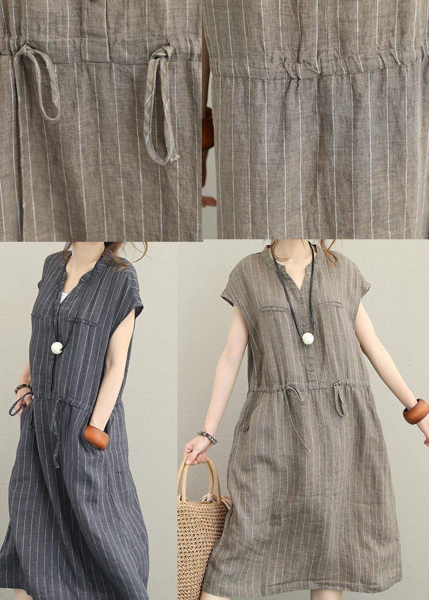 Loose V Neck Drawstring Linen Summer Robes Neckline Kahki Striped Dresses