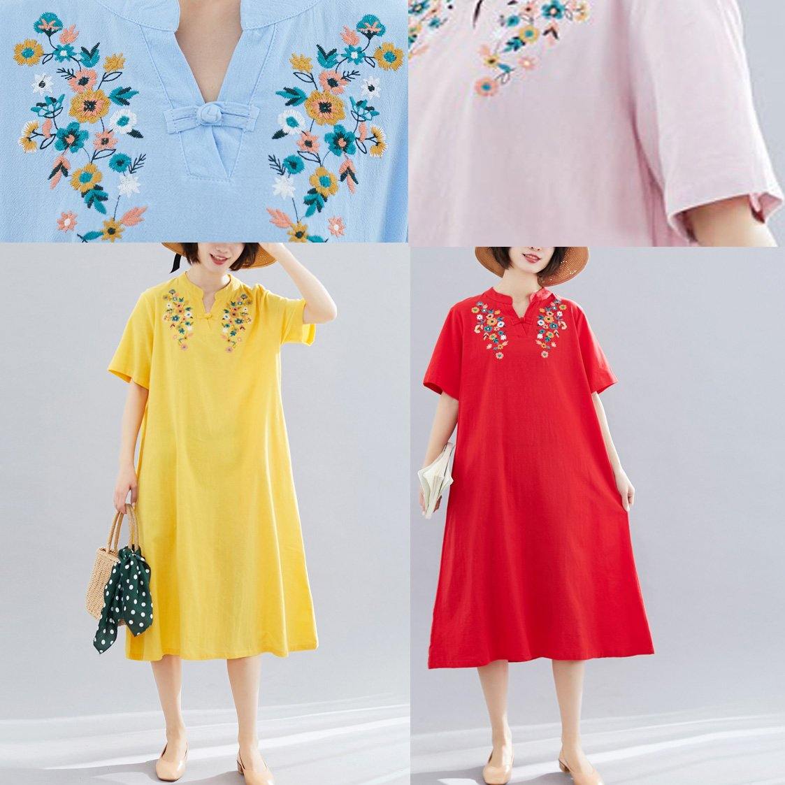 Loose Yellow Embroidery Cotton Clothes for V Neck Dresses Summer Dresses