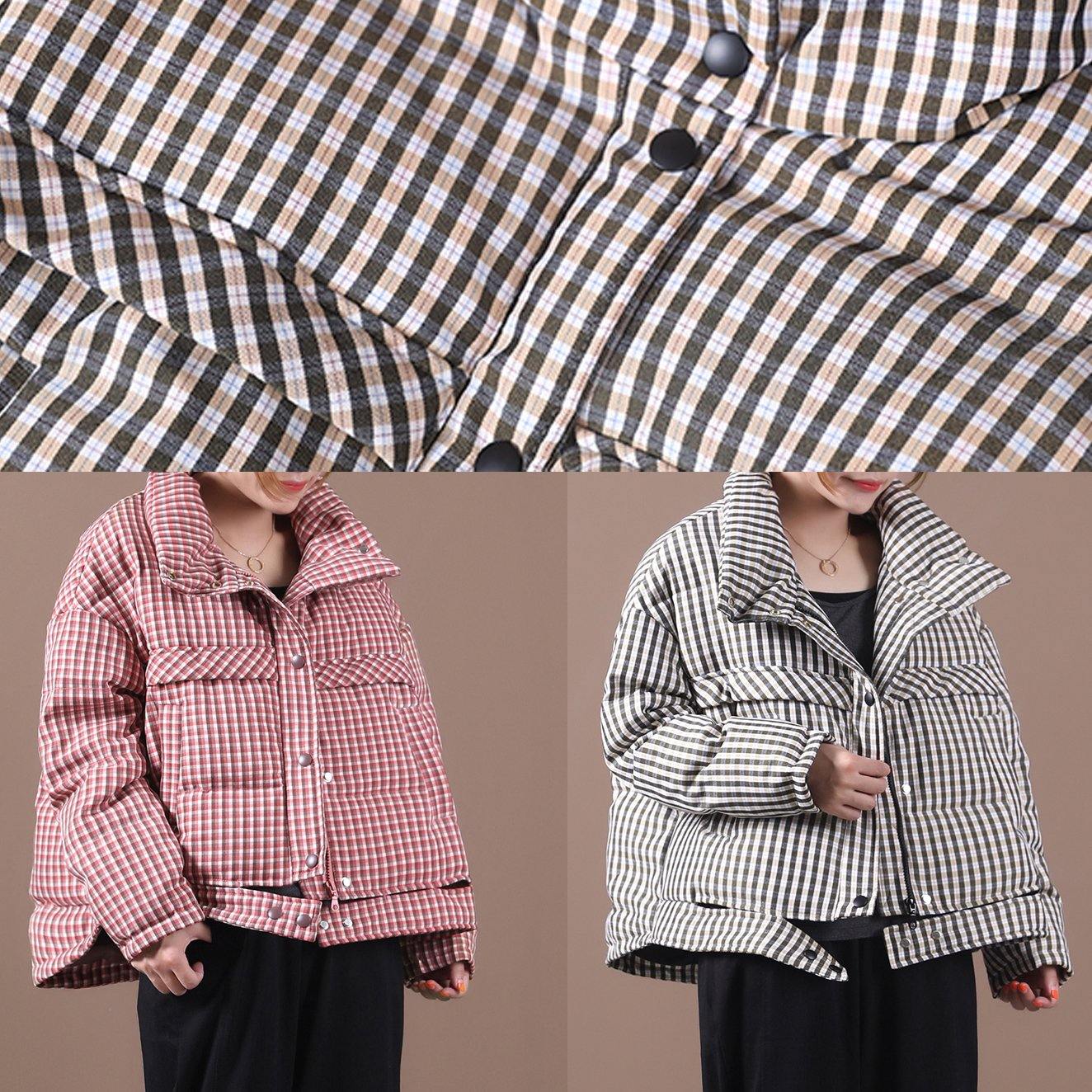 Black Plaid Duck Down Coat Stand Collar Overcoat
