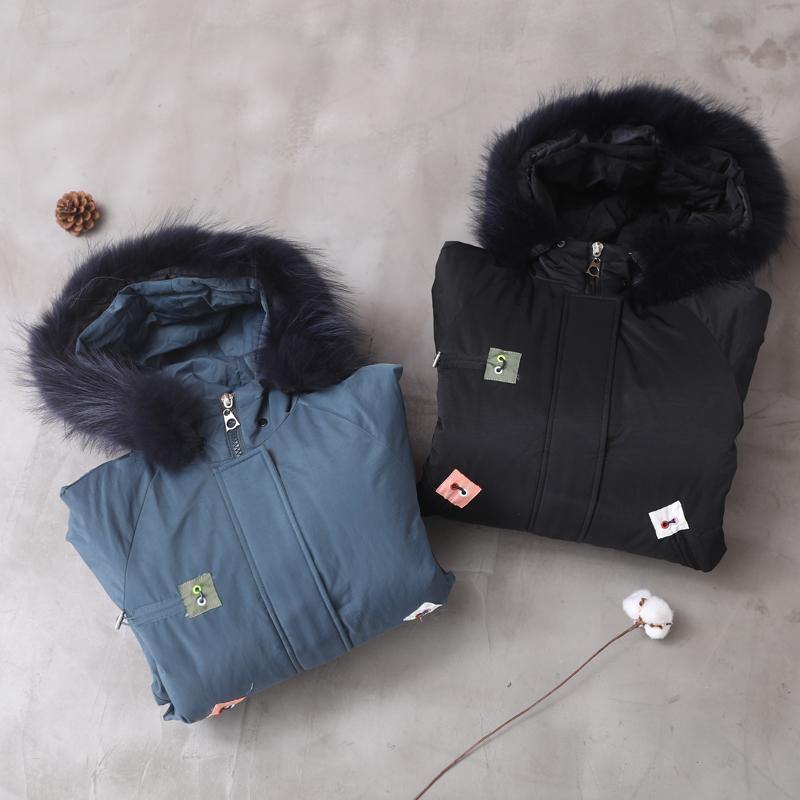 Blue Outwear Loose Fitting Hooded Thick Zippered Coats