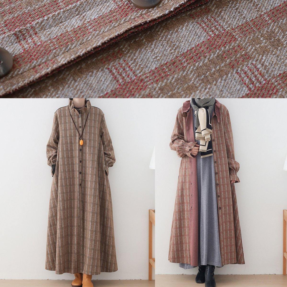 Khaki Plaid Jackets Mid-length Coats Stand Collar Button Down Coat