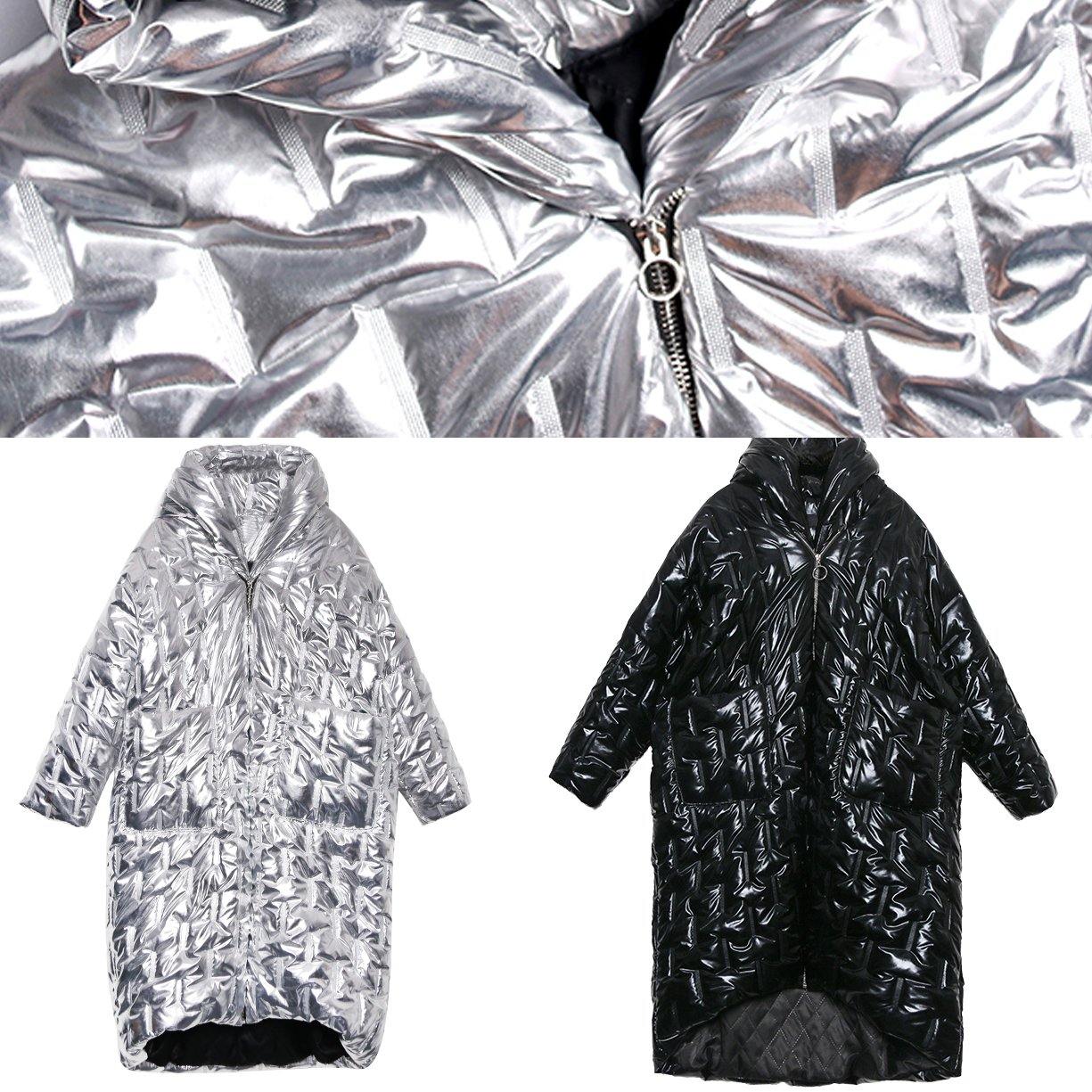 Silver Parkas for Loose Fitting Hooded Zippered Coats