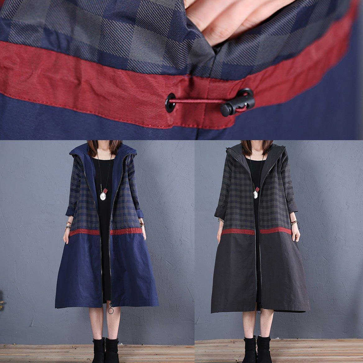 Maxi Coat Fall Blue Hooded Patchwork Coat