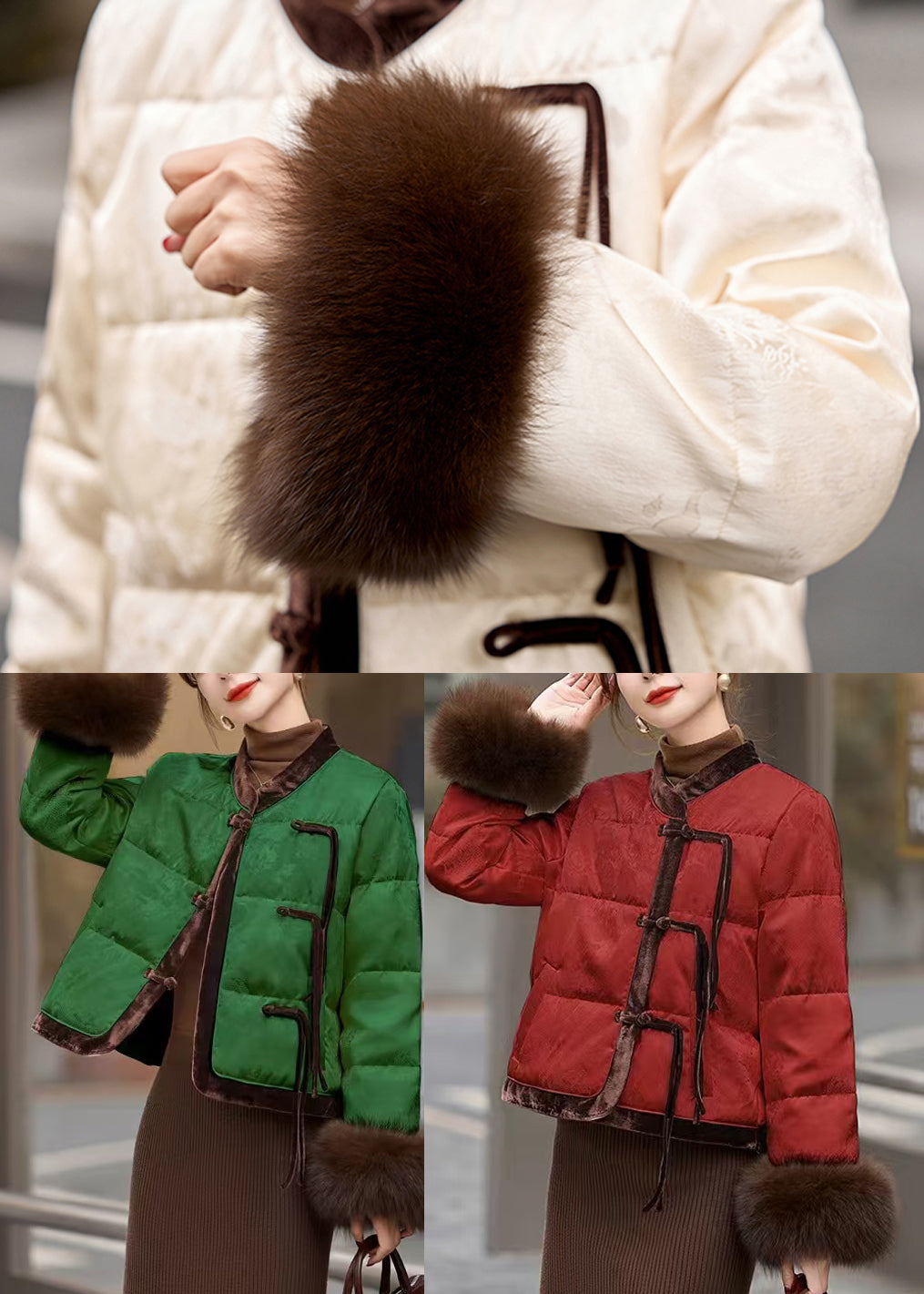 Milk White Patchwork Duck Down Jacket in Winter Tasseled Winter
