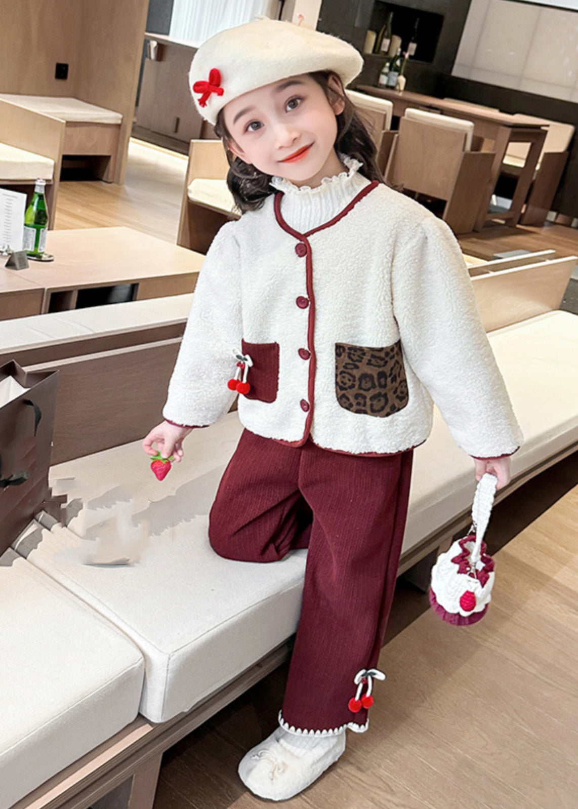 Modern Beige O-neck Patchwork Button Pockets Faux Fur Kids Top and Pants Two Pieces Set Winter