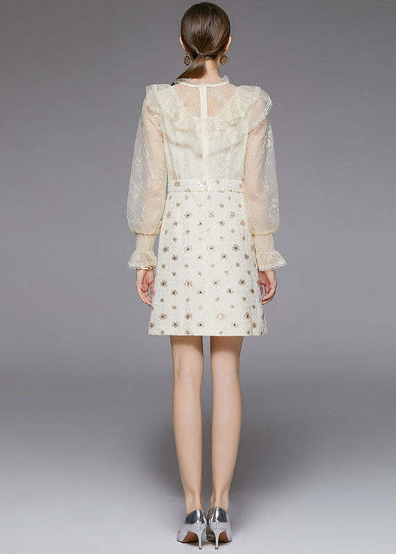 Modern Beige O-neck Ruffles Patchwork Tulle Woolen Mid Dress Fall