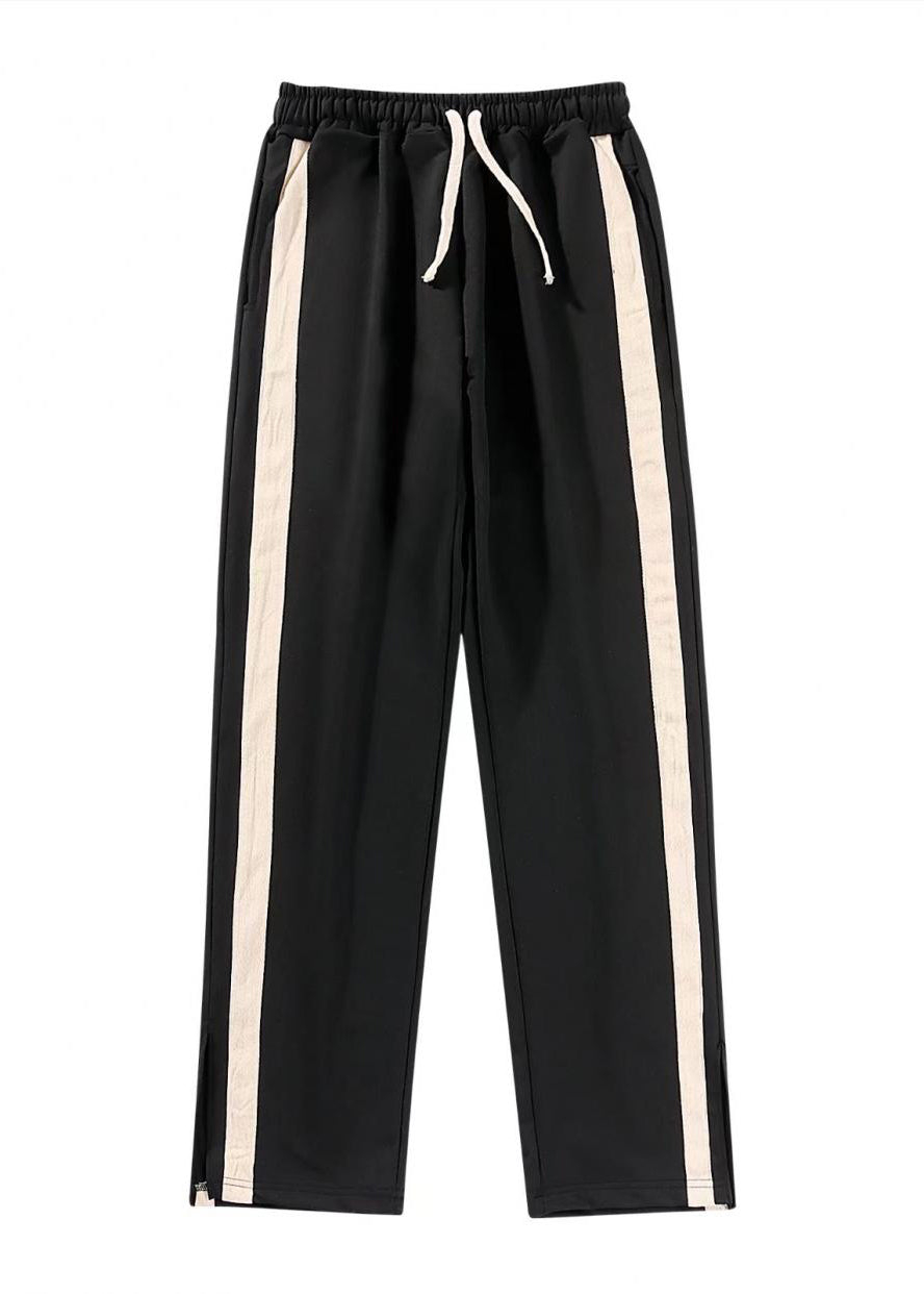 Modern Black Pockets Striped Patchwork Cotton Pants Summer