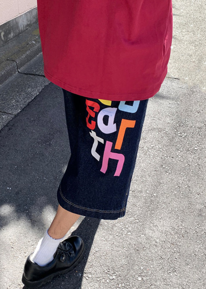Modern Blue Letter High Waist Denim Crop Pants Summer