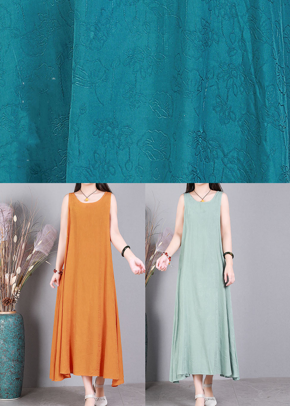 Modern Blue O-neck Jacquard Linen Party Strap Dress Sleeveless
