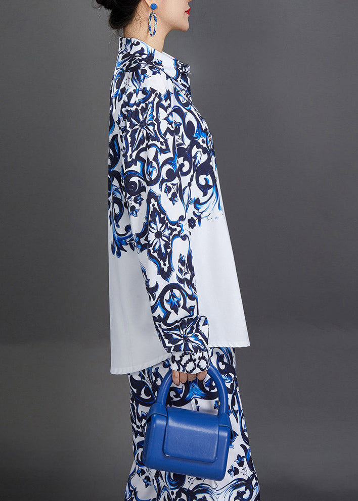 Modern Blue Peter Pan Collar Print Shirts and Straight Pants Two Piece Suit Set Fall