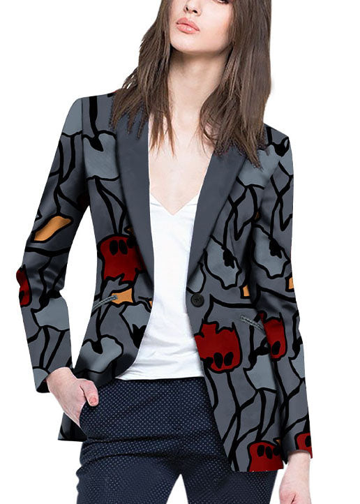 Modern Grey Button Peter Pan Collar Print Western-style Clothes Coat Long Sleeve
