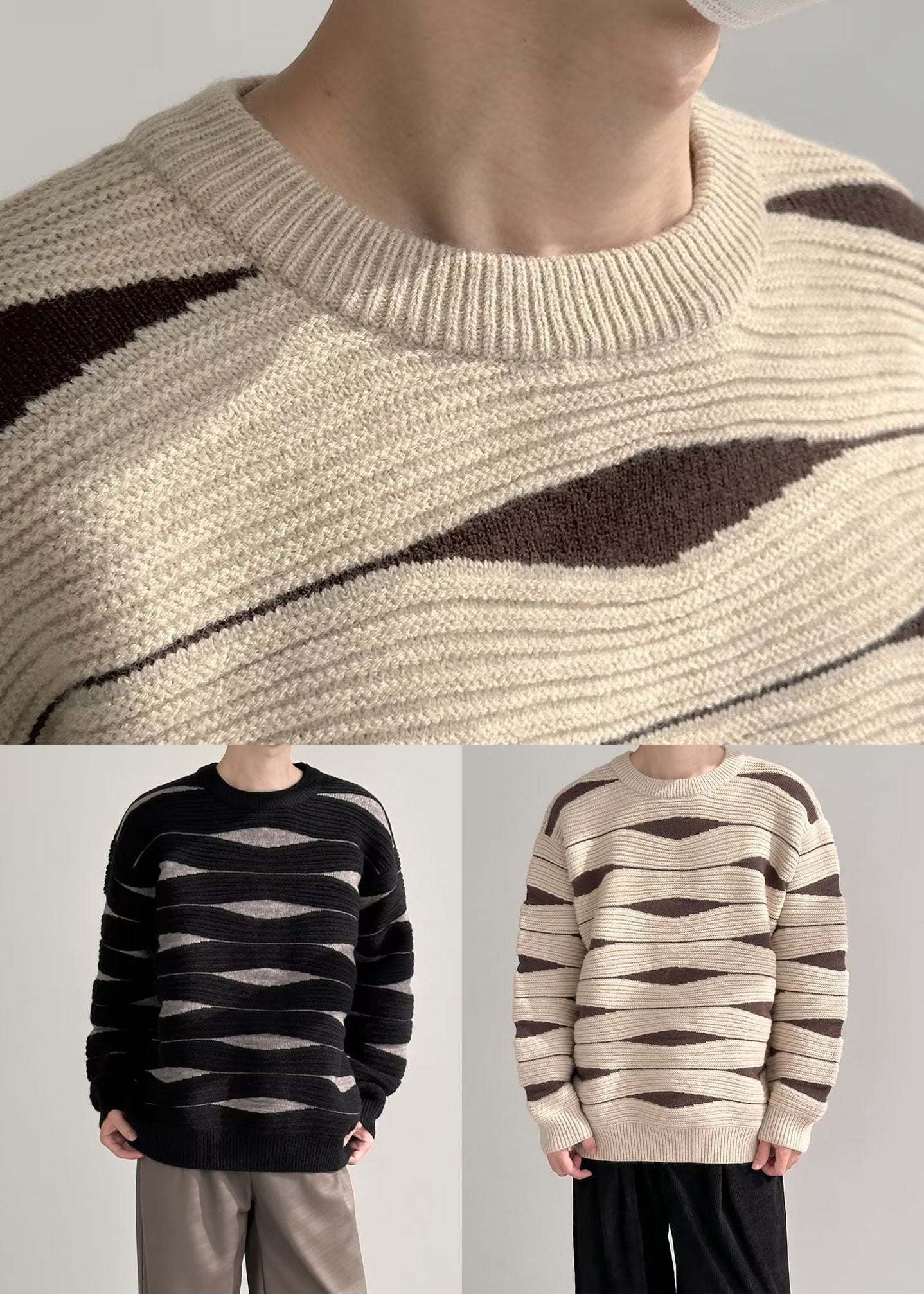 Modern Khaki O Neck Cozy Patchwork Knit Sweaters Winter