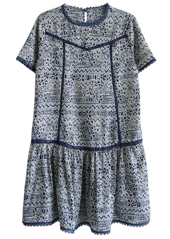 Modern Navy O-neck Print Summer Chiffon Dresses Short Sleeve